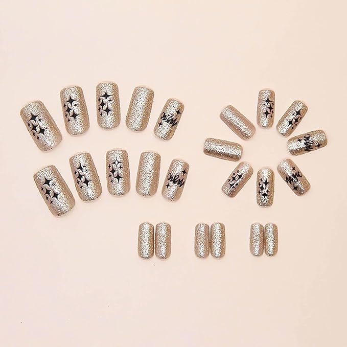 Medium Press on Nails Square Fake Nails Gold Glitter False Nails with Designs Medium Square Glue on Nails Sparkly Artificial Nails Cute Stick on Nails for Women 24Pcs