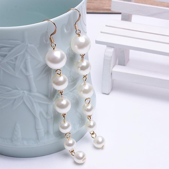 Boho Long Pearl Drop Earrings Vintage Gold Tassel Pearl Dangle Earrings Statement Pearl Chain Drop Dangle Earrings Wedding Prom Bridal Pearl Hook Earrings Jewelry for Women-VivaGrace Women