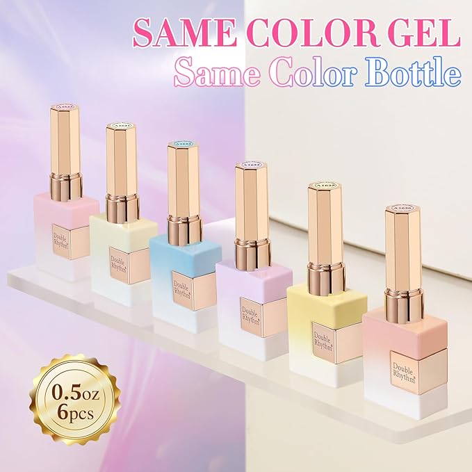 Double Rhythm 6 Pcs 15 ML Gel Polish Set Same Color Same Bottle Soak Off Gel Polish Kit Nail Art Manicure Salon DIY at Home for Women (Jelly Blue Purple Nude Pink-T6-40)-VivaGrace Women