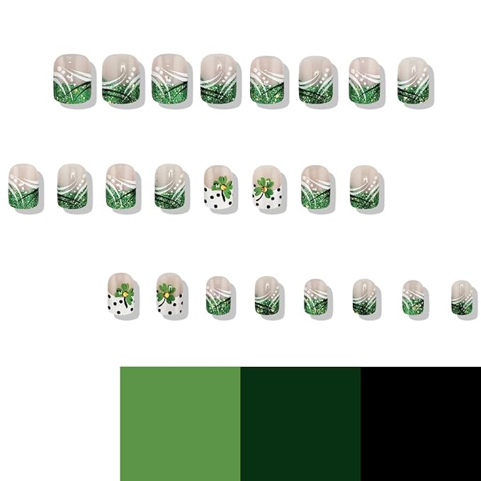 24Pcs Green Glitter French Tip Press on Nails Short Square Fake Nails Clover St. Patrick's False Nails for Women Spot Nude Pink Artificial Nails Full Cover Stick on Nails Glue on Nails
