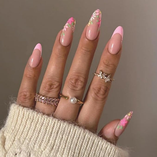 Pink French tips Press on Nails Medium Almond Fake Nails with Design Pink Flower Glue on Nails Glossy Daisy Spring Nails Reusable Summer False Nails for Women Girls Manicure 24pcs