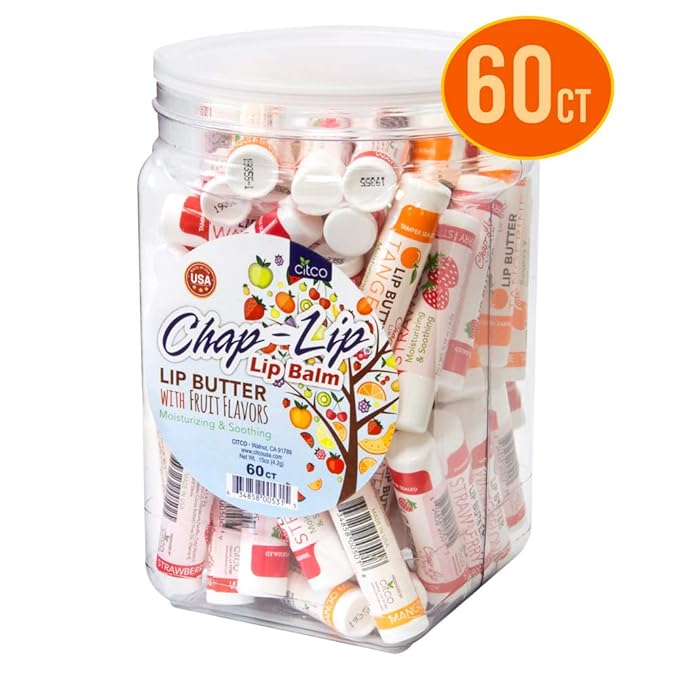 CHAP-LIP Lip Balm 60 Ct. with Fruit Flavors, Cocoa Butter, Coconut Oil | Moisturizing Vitamin E & Total Hydration Treatment & Soothing Lip Therapy (60 Ct Pack of 12)-VivaGrace Women