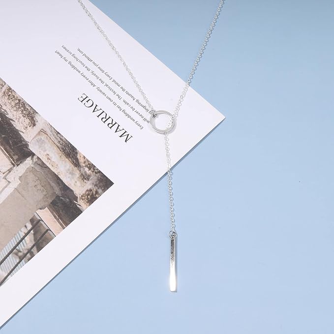 Boho Circle Bar Lariat Necklace Silver Drop Bar Y Necklace Open Circle Necklace Long Vertical Bar Necklace Chain Jewelry for Women and Girls Gifts-VivaGrace Women