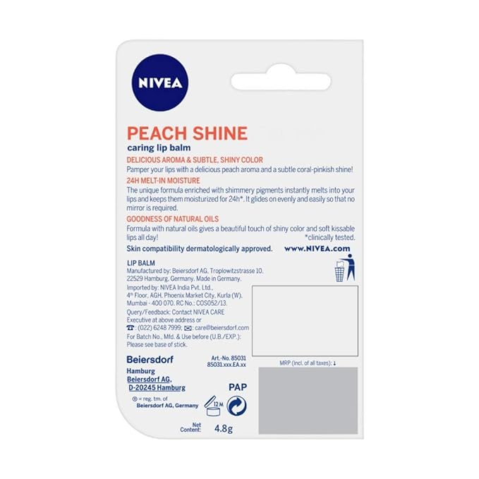 Nivea Lip Balm - Fruity Shine PEACH -Pack of 1-VivaGrace Women