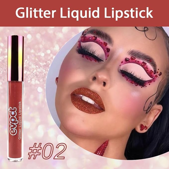 evpct 1Pcs Mauve Red Matte to Glitter Liquid Lipstick Lip Set Kit, Long Lasting Matte Diamond Glitter Lipstick Waterproof, Colorful Sparkly Glossy Metallic Shimmer Sparkle Lip Gloss for Women 02#-VivaGrace Women