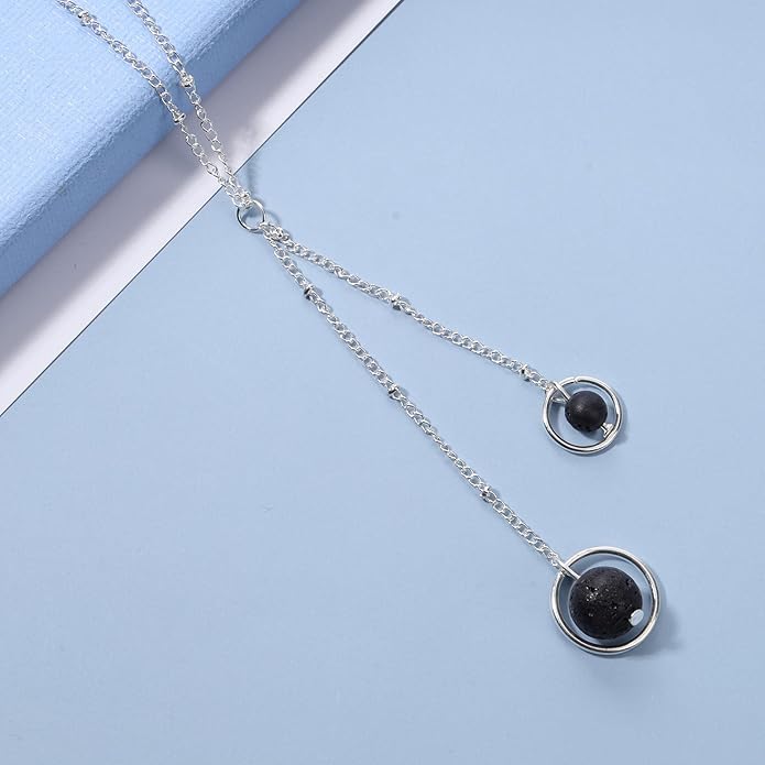 Boho Lava Stone Necklace Chain Silver Layered Chain Y Necklace Lava Bead Lariat Necklace Anxiety Essential Oil Diffuser Necklace Jewelry for Women-VivaGrace Women