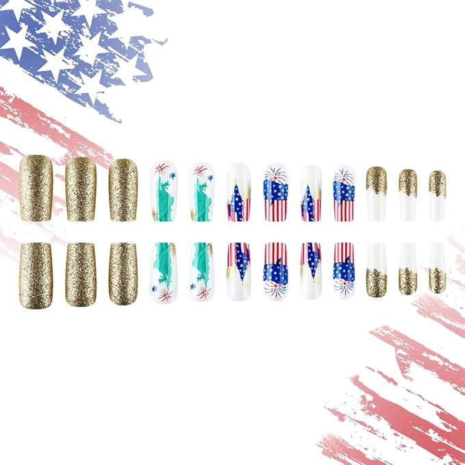 Independence Day Press on Nails Medium Square Fake Nails with Red Blue American Flag Fireworks Design Gold Glitter False Nails Full Cover 4th of July Glue on Nails for Women Girls Manicure 24Pcs