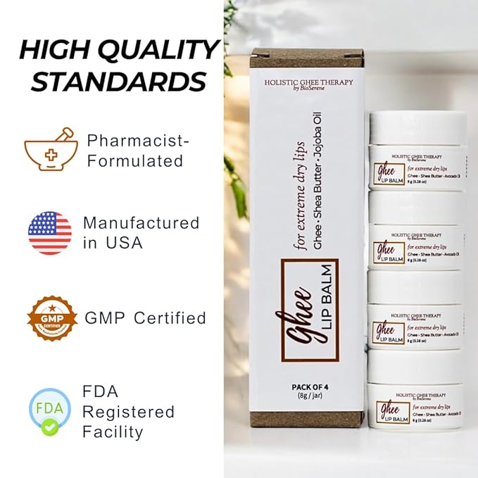 Natural Lip Balm For Very Dry Lips | Pack of 4 | Moisturizing Ghee, Shea Butter, Beeswax, Coconut Oil, & Jojoba Oil | Hydrating Lip Care For Chapped Lips, After Sun Care | Bioserene-VivaGrace Women