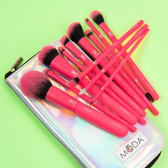 MODA Totally Electric Neon Full Face Makeup Brush Kit – 13pc Vibrant Brush Set for Face & Eyes with Zip Case (Neon Pink)-VivaGrace Women