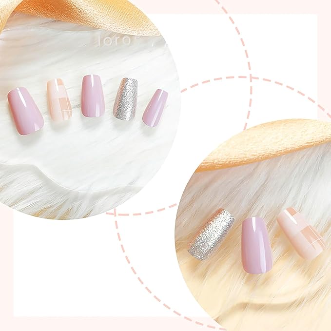 Medium Coffin Press on Nails Pink Fake Nails Silver Glitter False Nails with Designs Coffin Nail Press ons Full Cover Glue on Nails Glossy Artificial Nails Cute Stick on Nails for Women 24Pcs