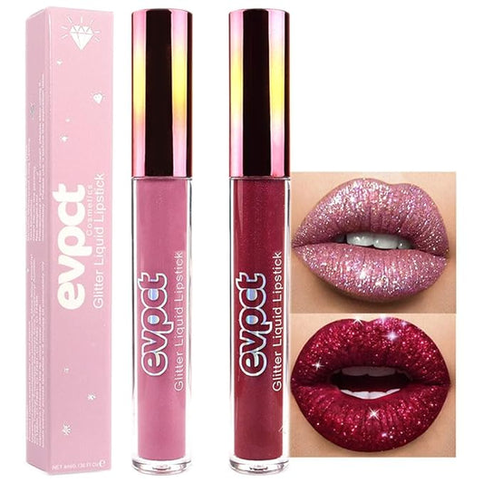 evpct 2Pcs Mauve & Dark Red Matte to Glitter Liquid Lipstick Set Kit for Women Long Lasting Glossy Metallic Shimmer Sparkle Lipstick Lip Gloss 01+04-VivaGrace Women