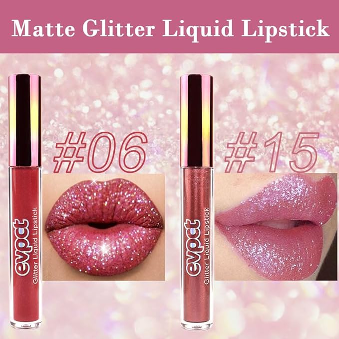 evpct 2Pcs Wine Red Plum Red Matte to Glitter Liquid Lipstick Set Kit for Women Long Lasting Glossy Metallic Shimmer Sparkle Lipstick Lip Gloss 6+15-VivaGrace Women