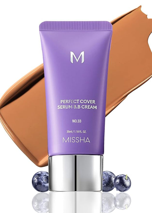 MISSHA M PERFECT COVER SERUM BB CREAM No.33 Tan -Tan with Warm Undertone, BB Cream by Cardi B Pick, Skin Tint, Tinted Moisturizer, Skin Care Foundation Makeup, Korean Makeup, 1.18 Fl oz-VivaGrace Women
