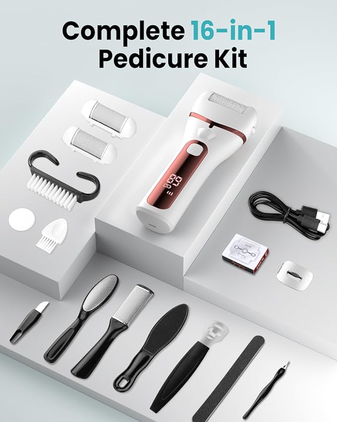 PUBOO Foot Callus Remover Electric 10000 RPM 3-Speed IPX7 Rechargeable Pedicure Kit for Hard Skin Women & Men. Portable Multi-Roller File Grinder Sander Scrubber with LED Display for Wet & Dry Feet-VivaGrace Women