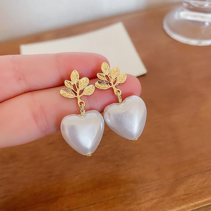 Vintage Pearl Heart Drop Earrings Gold Leaf Pearl Earrings White Pearl Heart Earrings Bridal Pearl Stud Earrings Jewelry for Women-VivaGrace Women