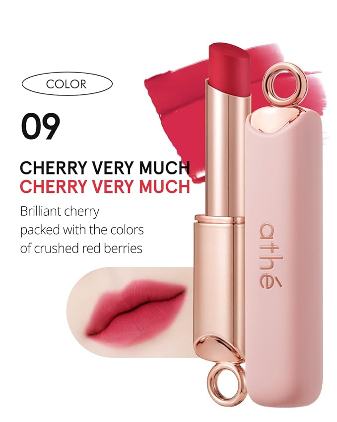 ATHÉ Authentic Airy Lip Balm 09 CHERRY VERY MUCH, Korean Vegan Color Lip Blam, Flake-Free Slim Fit Lips, Silky Powdery Finish & Air-like Blurring with Vibrant Colors, 0.11oz.-VivaGrace Women