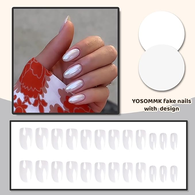 Almond Fake Nails Medium Press on Nails with Chrome Designs Mirror White Stick on Nails Glossy Glue on Acylic Nails for Women