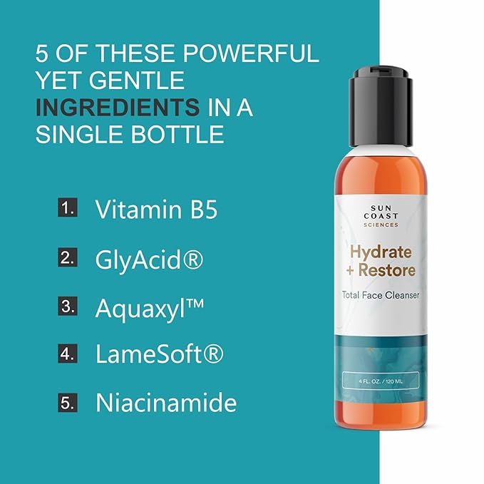 SUN COAST SCIENCES - Hydrate + Restore Total Face Cleanser, Vitamina B, Hydrating Facial Cleanser With Niacinamide for All Skin Types - 4 fl oz-VivaGrace Women