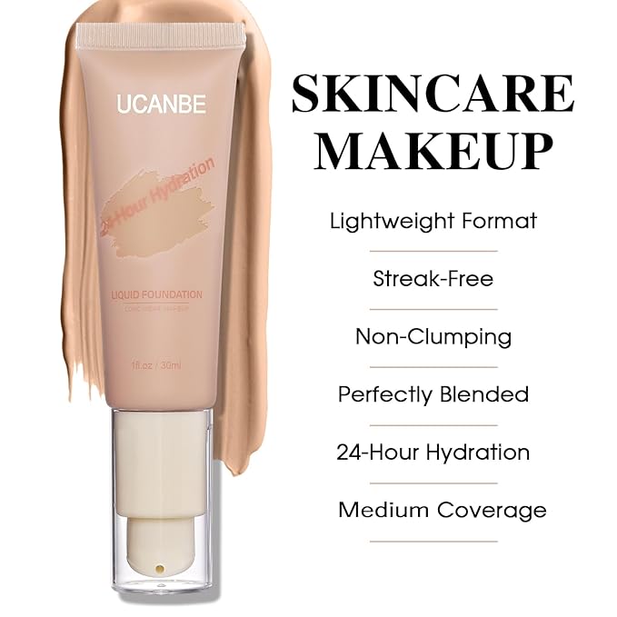 UCANBE Matte Liquid Foundation Makeup, Medium to Full Coverage Waterproof Longwear Serum Cream Foundation for Combination & Oily Mature Skin, Lightweight Hydrating & Nourishing, True Beige, 1 fl. oz.-VivaGrace Women
