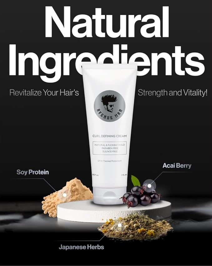 Avenue Man Curl Defining Cream - Improved Formula - Natural & Flexible Hold with Herbal Extracts for All Hair Types - Paraben Free & Sulfate Free-VivaGrace Women