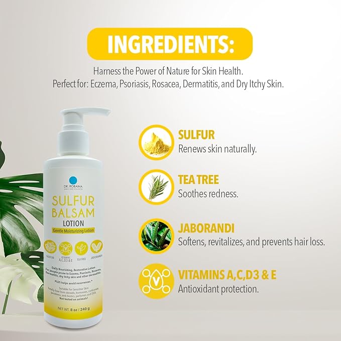Dr. Robaina Sulfur Balsam Lotion – Lightweight Moisturizer for Dry, Flaky & Itchy Skin – Calms Redness, Supports Skin Barrier & Locks Hydration – Shea Butter & Tea Tree – 8 fl oz, USA Made-VivaGrace Women