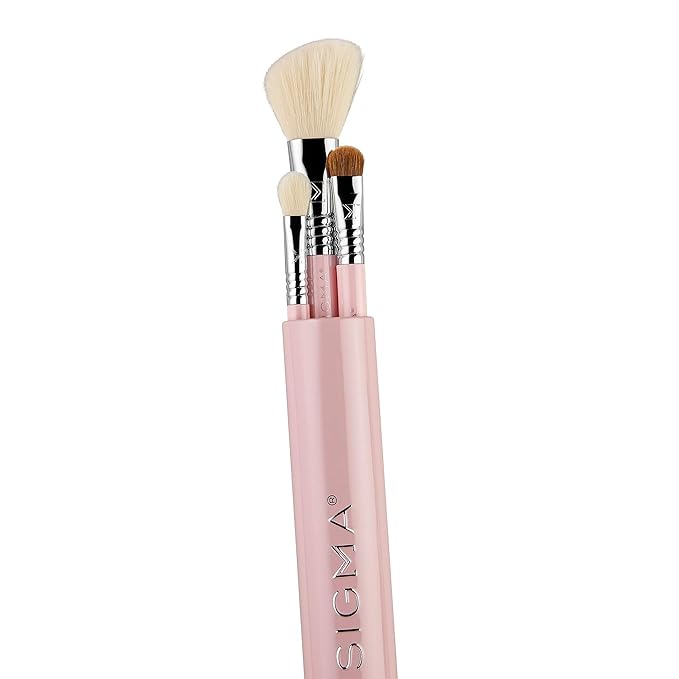 Sigma Beauty Travel Essential Trio - Makeup Brush Set for Foundation Powder Eyeshadow - 3 Tool Brushes with Brush Tin Holder - - Skin Safe, Vegan Makeup Brushes for Travel - Light Pink-VivaGrace Women