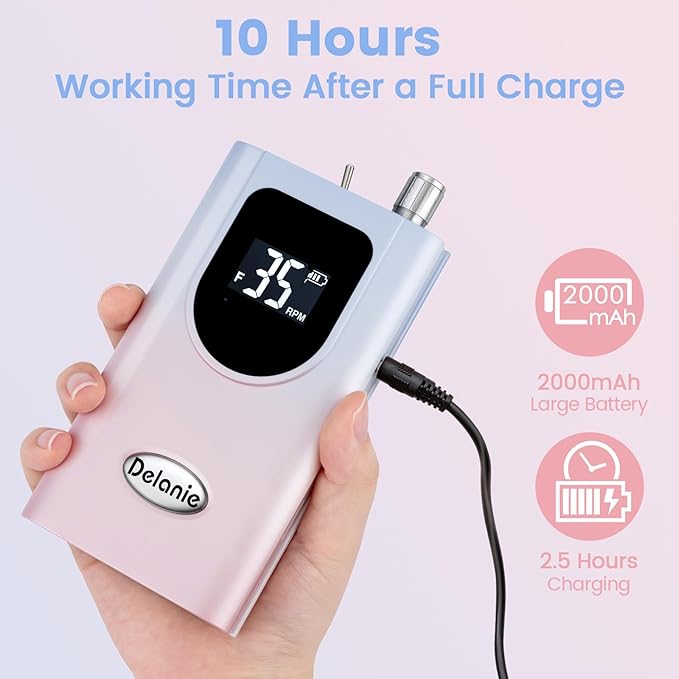 Delanie Professional Nail Drill High Torque 35000 RPM Rechargeable Portable Electric Nail File Filer for Acrylic Gel with Cuticle Bits, Salon Manicure Tool, Gradient Pink-VivaGrace Women