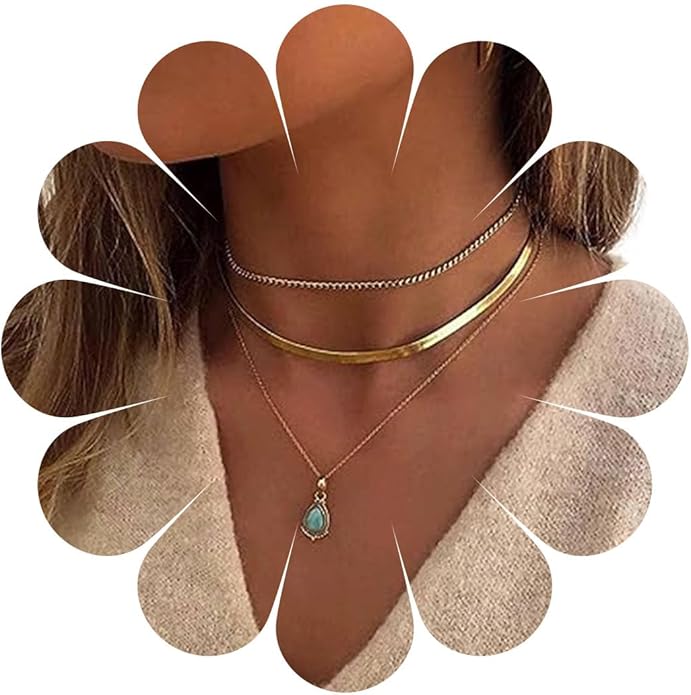 Vintage Layered Turquoise Necklace Turquoise Pendant Necklace Blue Stone Bead Choker Necklace Gold Snake Herringbone Chain Necklace Jewelry for Women-VivaGrace Women