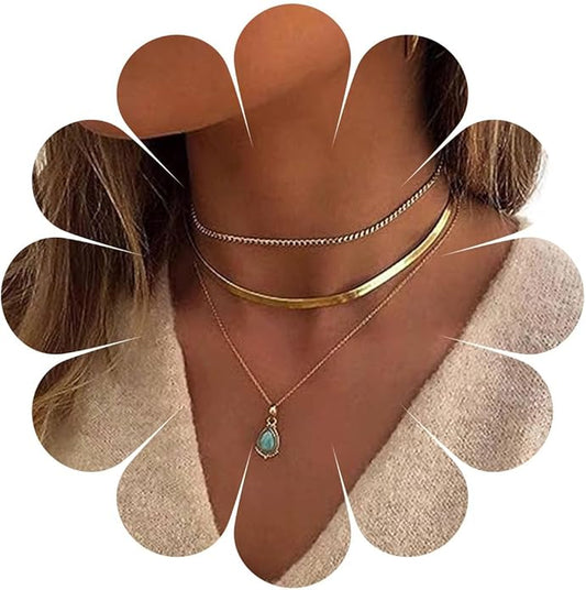 Vintage Layered Turquoise Necklace Turquoise Pendant Necklace Blue Stone Bead Choker Necklace Gold Snake Herringbone Chain Necklace Jewelry for Women-VivaGrace Women