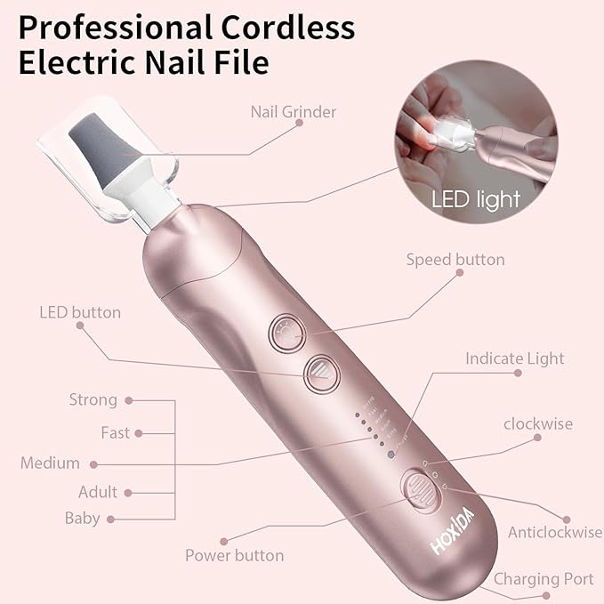 Cordless Electric Nail File Set, Rechargeable Pedicure Tools for feet, Professional Manicure Pedicure Kit 5 Speeds Hand Foot Care Nail Drill for Thick Nail Toenail Cuticle Women Men Pets-VivaGrace Women