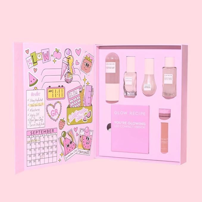 Glow Recipe Back to School Essentials Korean Skin Care Set - Watermelon Fine Mist, Dew Drops, PHA Facial Toner, Pink Juice Moisturizer, Strawberry Blur Drops, Glossy Balm & Compact Mirror (7 Count)-VivaGrace Women