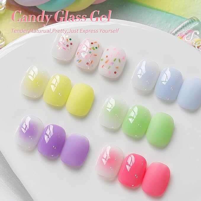 Born Pretty Jelly Pastel Gel Nail Polish 6 Colors Spring Summer Yellow Green Blue Purple Pink Candy Sweet Colors Apex Building Effect Gel Polish Kit Nail Art Gel Manicure Kit DIY at Home Salon Gifts-VivaGrace Women