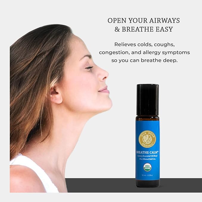 Silk Road Organic Breathe Calm Essential Oil Breathe Easy Blend Roll On, 100% Pure USDA Certified Aromatherapy for Cold, Cough, Congestion, Allergy Relief, & Wellness - 10 ml Roller-VivaGrace Women
