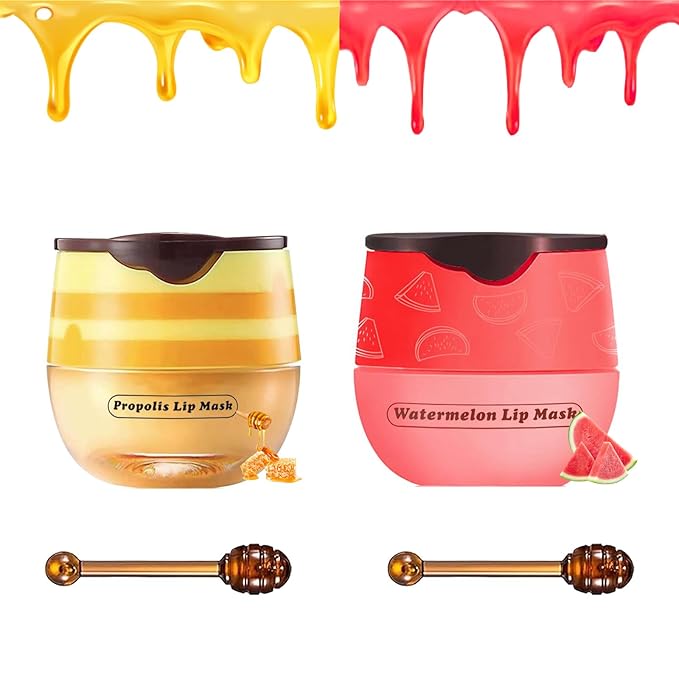 2 PCS Bee Lip Balm Honey Pot, Honey Watermelon Bee Lip Balm Sleeping Lip Mask Overnight with Sticks, Honey Pot Lip Balm Hydrating Exfoliating Prevention Dry and Crack Lip Scrubs-VivaGrace Women