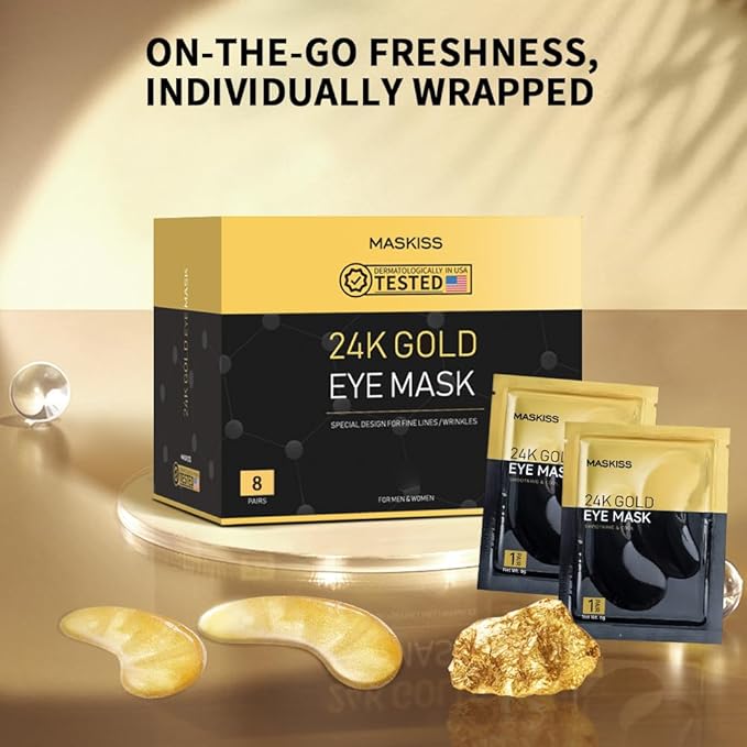 24k Gold Under Eye Patches (8 Pairs), eye mask, Collagen Skin Care Products, Eye Patches for Puffy Eyes, eye masks for dark circles and puffiness-VivaGrace Women