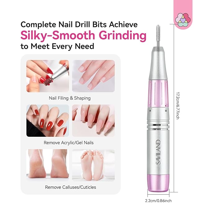 SAVILAND Essentials Electric Nail Drill: 40000RPM High-Torque Nail File Quick Removal for Acrylic Nails Easy Operation Portable Nail Drill for Beginner Home DIY Nail Art Manicure Pedicure-VivaGrace Women