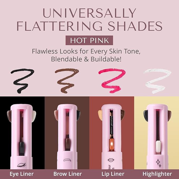 YazzBeauty - 4 in 1 Makeup Touch Up Pen with Hot Pink Lip Liner, Black Eyeliner, Dark Brown Eyebrow Pencil, and Shimmer White Highlighter, Compact Beauty Pen, Smudge Proof, Vegan, Cruelty-Free