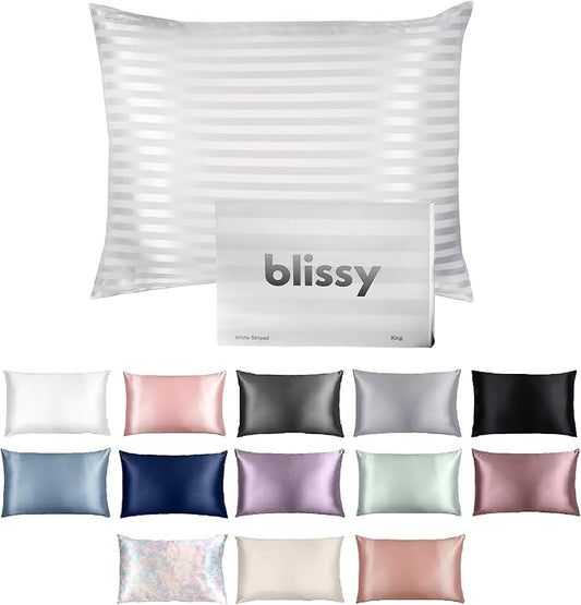 Blissy Silk Pillowcase - 100% Pure Mulberry Silk - 22 Momme 6A High-Grade Fibers - Silk Pillow Cover for Hair & Skin - Regular, Queen & King (White Striped, Standard)-VivaGrace Women
