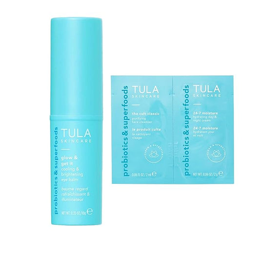 TULA Skin Care Eye Balm Glow & Get It + 24-7 Hydrating Day Night Cream & Purifying Cleanser Dual Packette - Dark Circle Treatment, Instantly Hydrate and Brighten Undereye Area, 0.35 oz.-VivaGrace Women