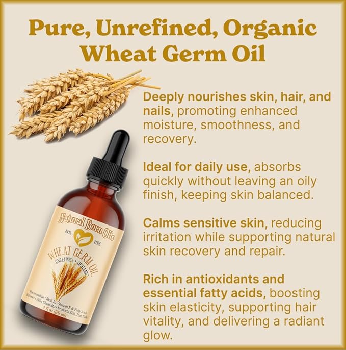 Natural Born Oils Wheat Germ Oil. 4oz. 100% Pure, Natural, Organic, Cold-pressed, Unrefined, Rejuvenating, Rich in Vitamin E. Moisturizer for Skin Hair-VivaGrace Women