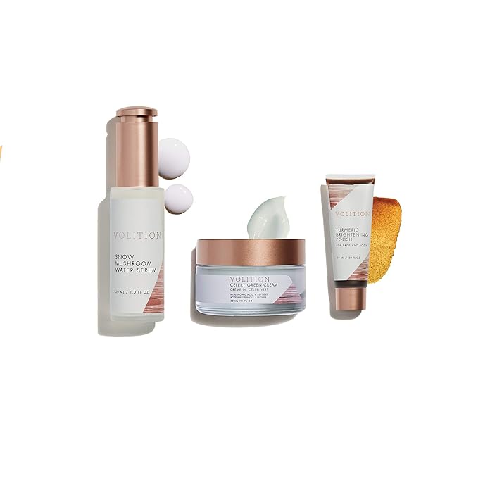 Volition Beauty Dewy Skin Kit Bundle with Celery Green Cream, Snow Mushroom Water Serum, Turmeric Brightening Polish | Age-Defies, Minimizes Pores & Brightens | Vegan, Paraben-Free & Cruelty-Free-VivaGrace Women