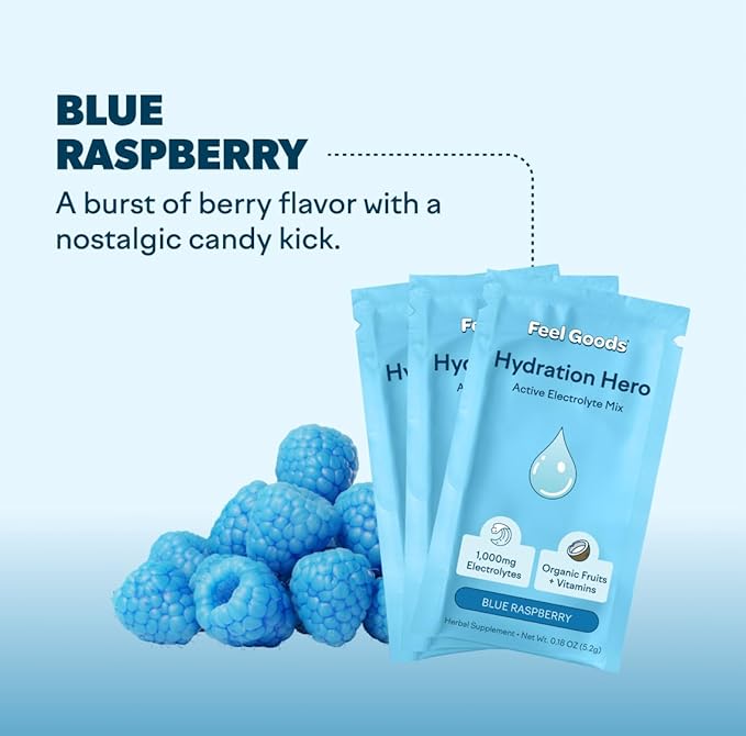 Feel Goods Hydration Hero, 1,000mg Electrolytes Powder, Sugar Free, Magnesium, Organic Aloe Vera, L Theanine, Vitamin C & B12, Keto, Vegan, Electrolyte Packets, Blue Raspberry, 15 Count-VivaGrace Women