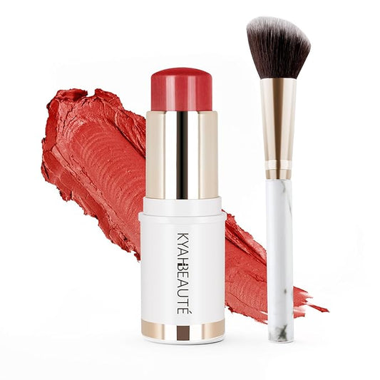 Blush Stick, Cream Blush for Cheeks and Lip Tint, Dewy Finish, Buildable & Blendable Color, Lightweight & Long-Lasting Formula | Salad Day-Coral & Angled Blush Brush（0.53fl.oz）-VivaGrace Women