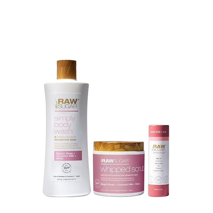 Raw Sugar Beach Rose + Coconut Milk + Shea Body Love Bundle - Sensitive Skin Body Wash, Body Scrub & Deodorant, Clean Ingredients, Formulated without Sulfates and Parabens-VivaGrace Women