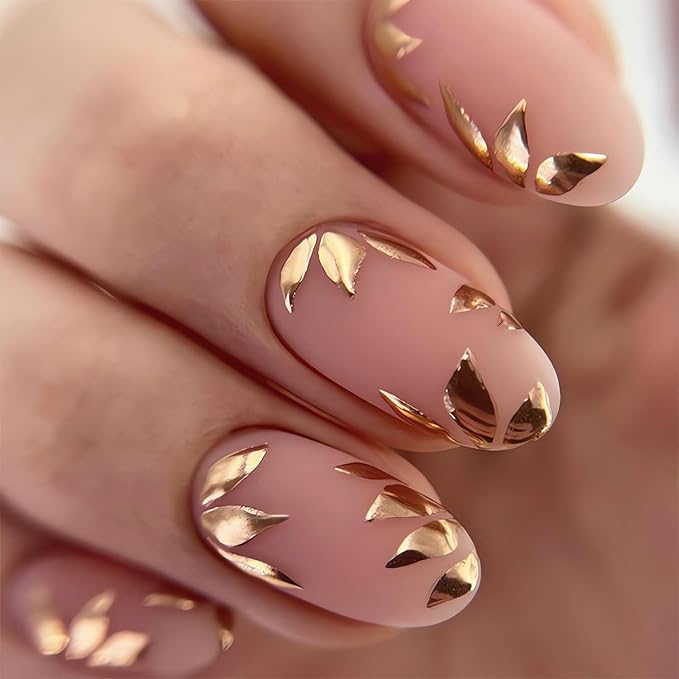 Press on Nails Medium Almond Fake Nails with Leaf Designs Nude Pink Stick on Acrylic Nails Glossy Full Cover False Nails for Women