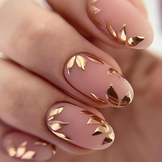 Press on Nails Medium Almond Fake Nails with Leaf Designs Nude Pink Stick on Acrylic Nails Glossy Full Cover False Nails for Women