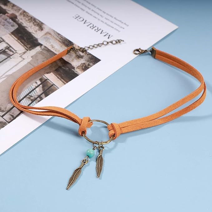 Boho Layered Suede Choker Necklace Tiny Leaf Pendant Necklace Chain Brown O Ring Leather Choker Necklace Turquoise Bead Necklace Chain Jewelry for Women and Girls-VivaGrace Women