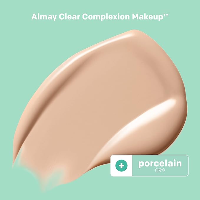 Almay Clear Complexion Acne Foundation Makeup with Salicylic Acid - Lightweight, Medium Coverage, Hypoallergenic, Fragrance-Free, for Sensitive Skin, 099 Porcelain, 1 fl oz.-VivaGrace Women