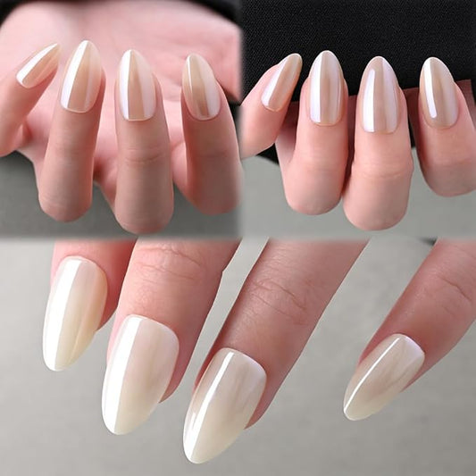 Chrome Beige Nude Beige Press On Nails Short Almond 90 Pcs Kit, Designer Reusable Acrylic Fake Nails with Glue, Glossy Soft Gel Nails for Women Wedding Party Gift - Stick On Glue On Nails Kit