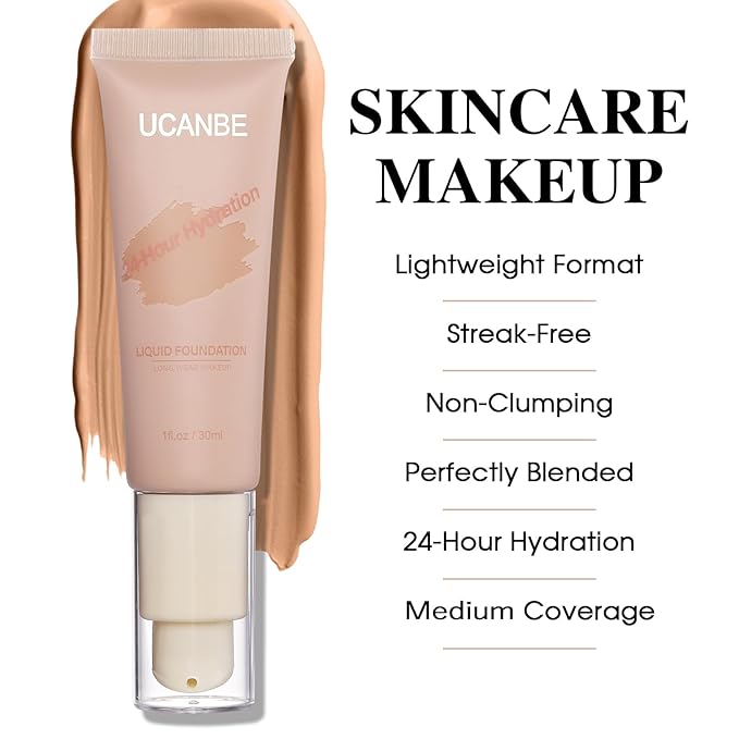 UCANBE Matte Liquid Foundation with Brush, Skincare Serum Foundation Face Makeup with Hyaluronic Acid, Medium to Full Coverage Waterproof Oil Control Longwear, for Mature Skin, Nude Beige, 1 fl. oz.-VivaGrace Women